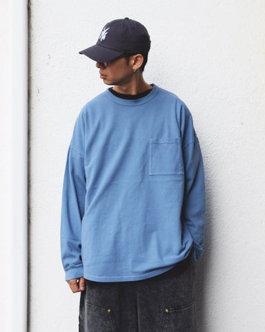 ANACHRONORM モスステッチ ポケット ロングスリーブTシャツ ブルーグレー | 40/2カノコ 超長綿 硫化染め シルク光沢 ドレープ 日本製