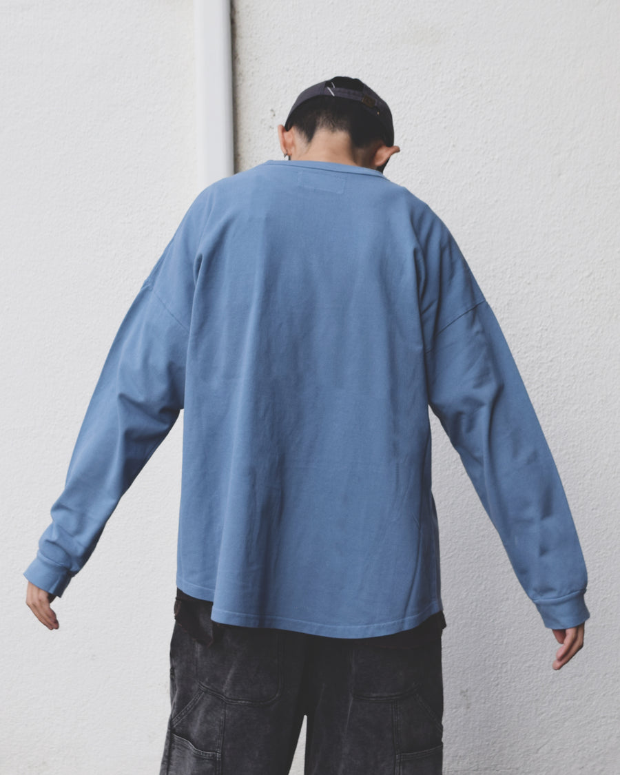 ANACHRONORM モスステッチ ポケット ロングスリーブTシャツ ブルーグレー | 40/2カノコ 超長綿 硫化染め シルク光沢 ドレープ 日本製