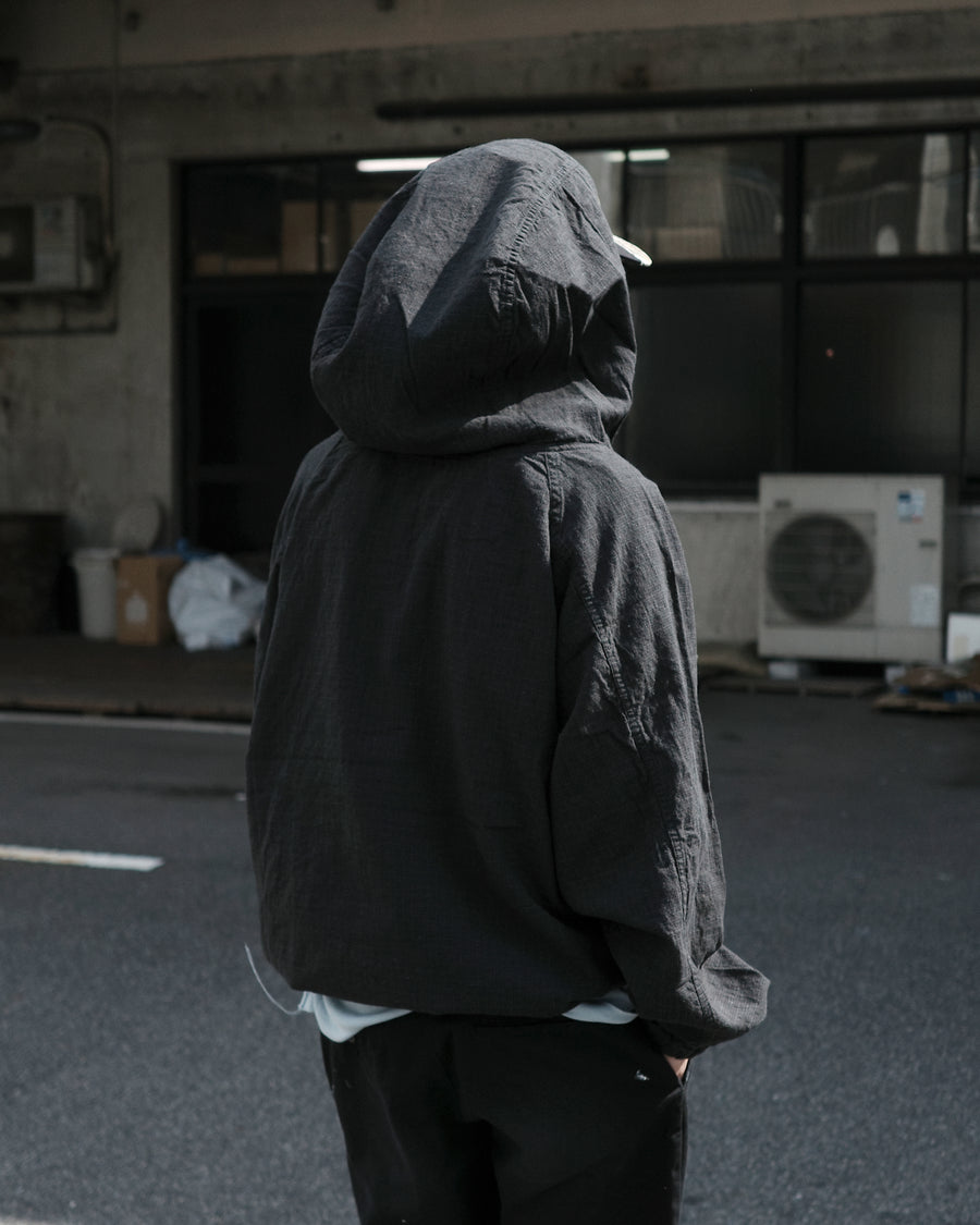 ANACHRONORM ユーティリティ アノラックプルオーバー ブラック | コットンリネンチェック ネップ糸 ワンウォッシュ オーバーサイズ 日本製