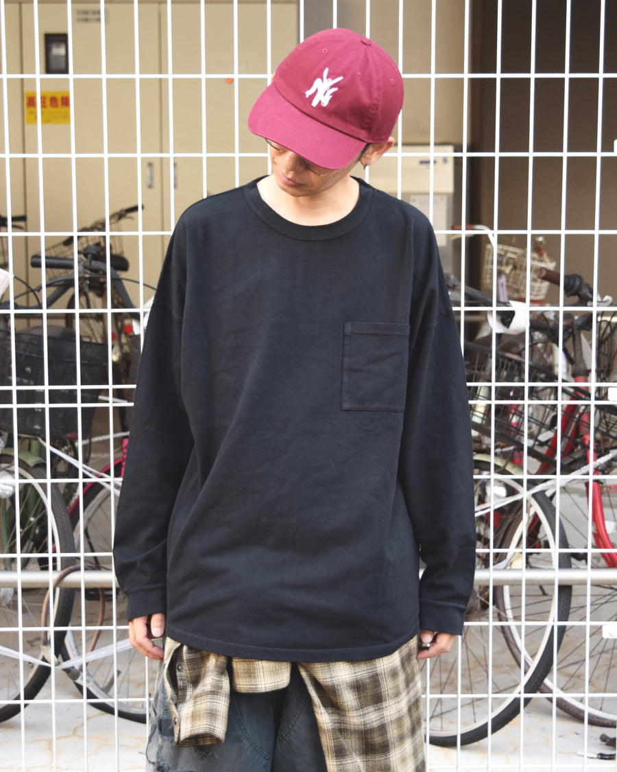 ANACHRONORM モスステッチ ポケット ロングスリーブTシャツ ブラック | 40/2カノコ 超長綿 硫化染め シルク光沢 ドレープ 日本製
