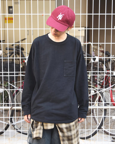 ANACHRONORM モスステッチ ポケット ロングスリーブTシャツ ブラック | 40/2カノコ 超長綿 硫化染め シルク光沢 ドレープ 日本製