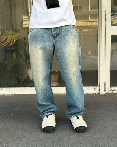 ANACHRONORM フロントヨーク ウォッシュ デニムパンツ インディゴ エイジング | 14oz ハチマルデニム ワイドテーパード フロント切り替え エイジング加工 日本製
