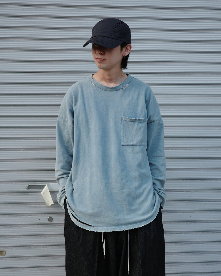 ANACHRONORM モスステッチ ダメージ ポケット ロングスリーブTシャツ ライトブルー | 40/2カノコ 超長綿 硫化染め サステナブルブリーチ ダメージ加工 一点一点 日本製
