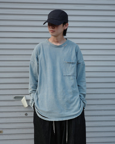 ANACHRONORM モスステッチ ダメージ ポケット ロングスリーブTシャツ ブルーグレー | 40/2カノコ 超長綿 硫化染め サステナブルブリーチ ダメージ加工 一点一点 日本製