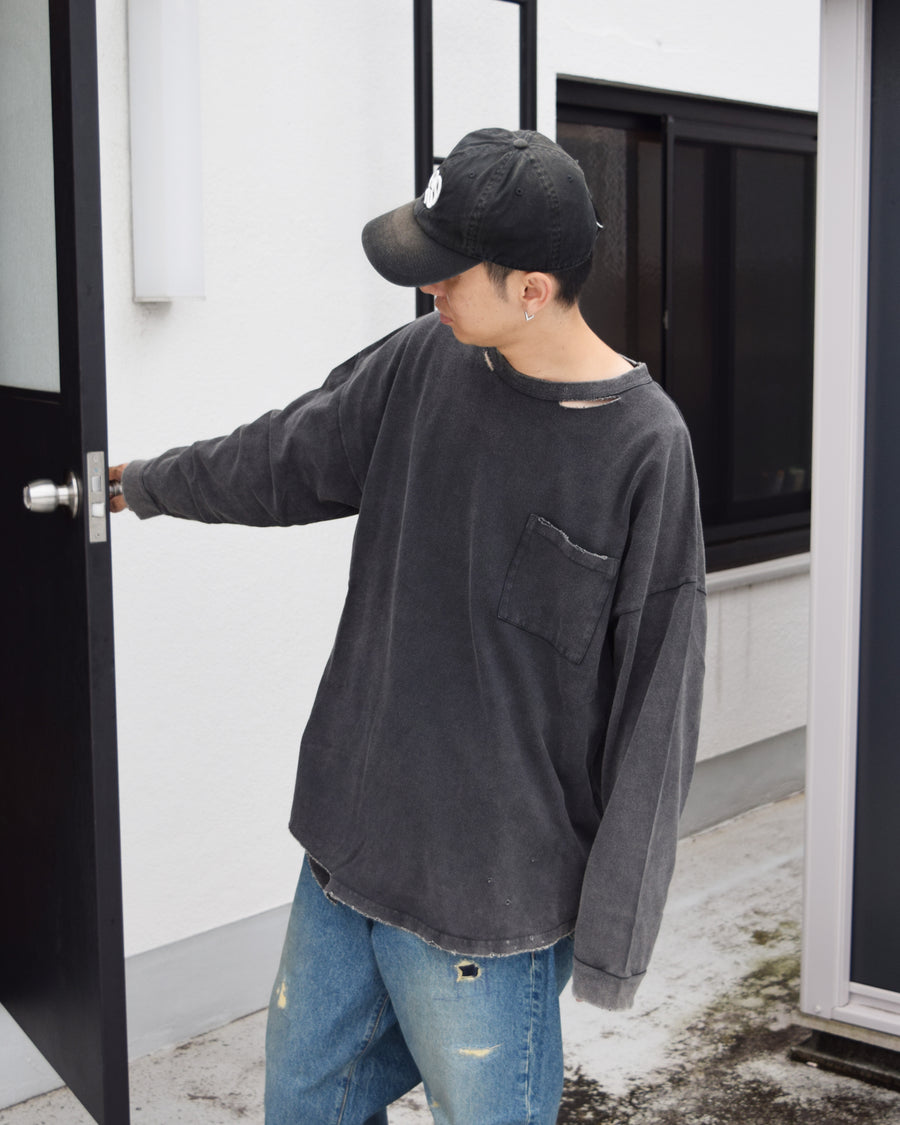 ANACHRONORM モスステッチ ダメージ ポケット ロングスリーブTシャツ ブラック | 40/2カノコ 超長綿 硫化染め サステナブルブリーチ ダメージ加工 一点一点 日本製