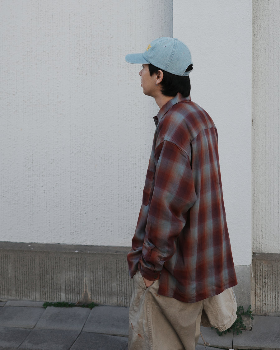 ANACHRONORM リラックス オープンカラー チェックシャツ レッドチェック | オンブレチェック レーヨン ドレープ ゆったりシルエット 日本製