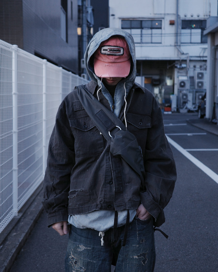 ANACHRONORM リメイク ヘリンボン ミリタリーシャツジャケット ブラック | 10sヘリンボン サンフェード ダメージ加工 エイジング ドローコード 日本製