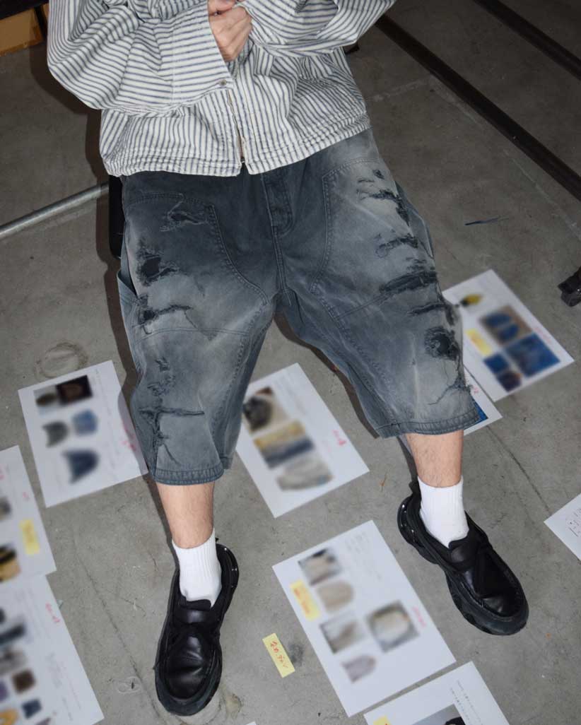 ANACHRONORM ダブルニー ダメージ ペインター ショートパンツ ブラック | 11号帆布 ナイロンオックス切り替え 特殊脱色加工 ハードダメージ 一点一点 日本製