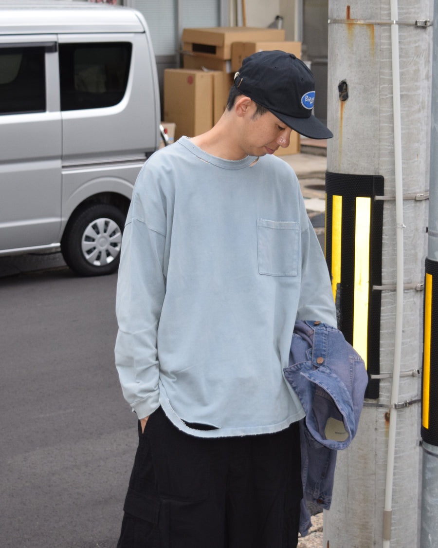 ANACHRONORM モスステッチ ダメージ ポケット ロングスリーブTシャツ ライトブルー | 40/2カノコ 超長綿 硫化染め サステナブルブリーチ ダメージ加工 一点一点 日本製