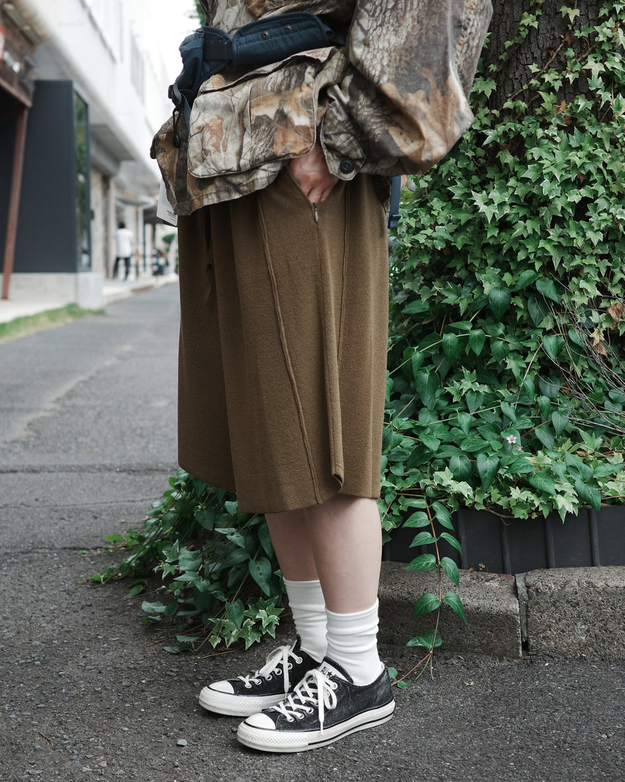 ANACHRONORM ニット ボクシングショーツ カーキ | ハーフミラノリブ ドレープ アクリル レーヨン テンセル リネン