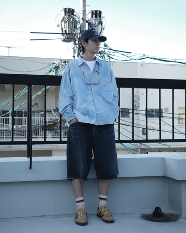 ANACHRONORM ハンドスプレー ストライプシャツ ブルーストライプ | 顔料吹き付け加工 米綿 高密度ストライプ リラックスシルエット 日本製