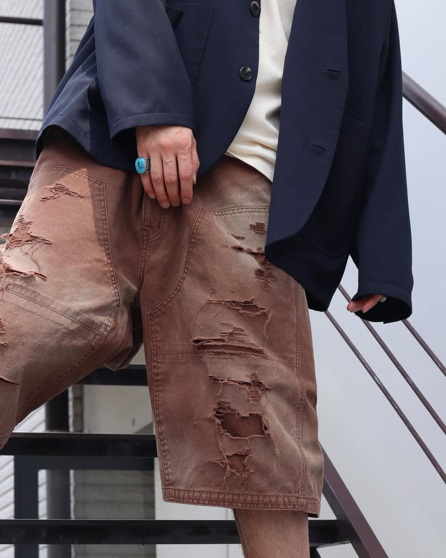 ANACHRONORM ダブルニー ダメージ ペインター ショートパンツ ブラウン | 11号帆布 ナイロンオックス切り替え 特殊脱色加工 ハードダメージ 一点一点 日本製