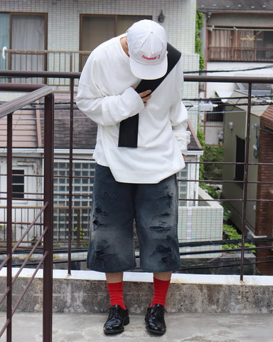 ANACHRONORM ダブルニー ダメージ ペインター ショートパンツ ブラック | 11号帆布 ナイロンオックス切り替え 特殊脱色加工 ハードダメージ 一点一点 日本製