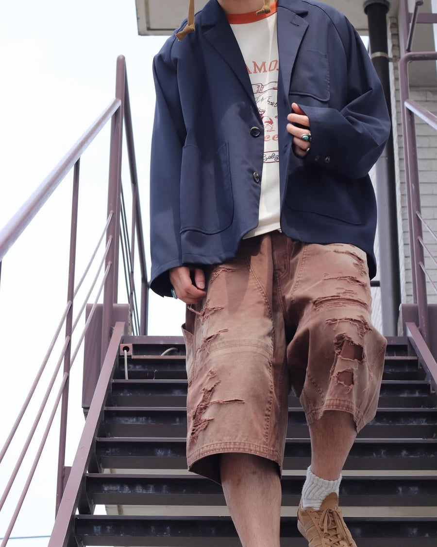 ANACHRONORM ダブルニー ダメージ ペインター ショートパンツ ブラウン | 11号帆布 ナイロンオックス切り替え 特殊脱色加工 ハードダメージ 一点一点 日本製