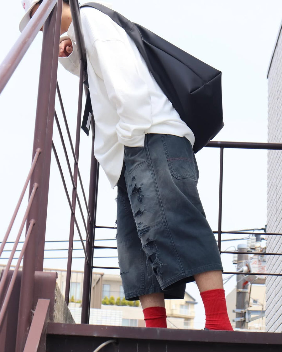 ANACHRONORM ダブルニー ダメージ ペインター ショートパンツ ブラック | 11号帆布 ナイロンオックス切り替え 特殊脱色加工 ハードダメージ 一点一点 日本製