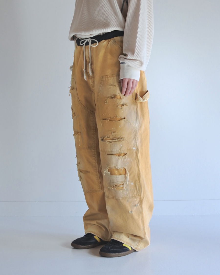 ANACHRONORM リメイク ダブルニー ダック ペインターパンツ イエロー | 11号帆布 ナイロンオックス切り替え 特殊エイジング サンフェード ダメージ加工 一点一点 日本製