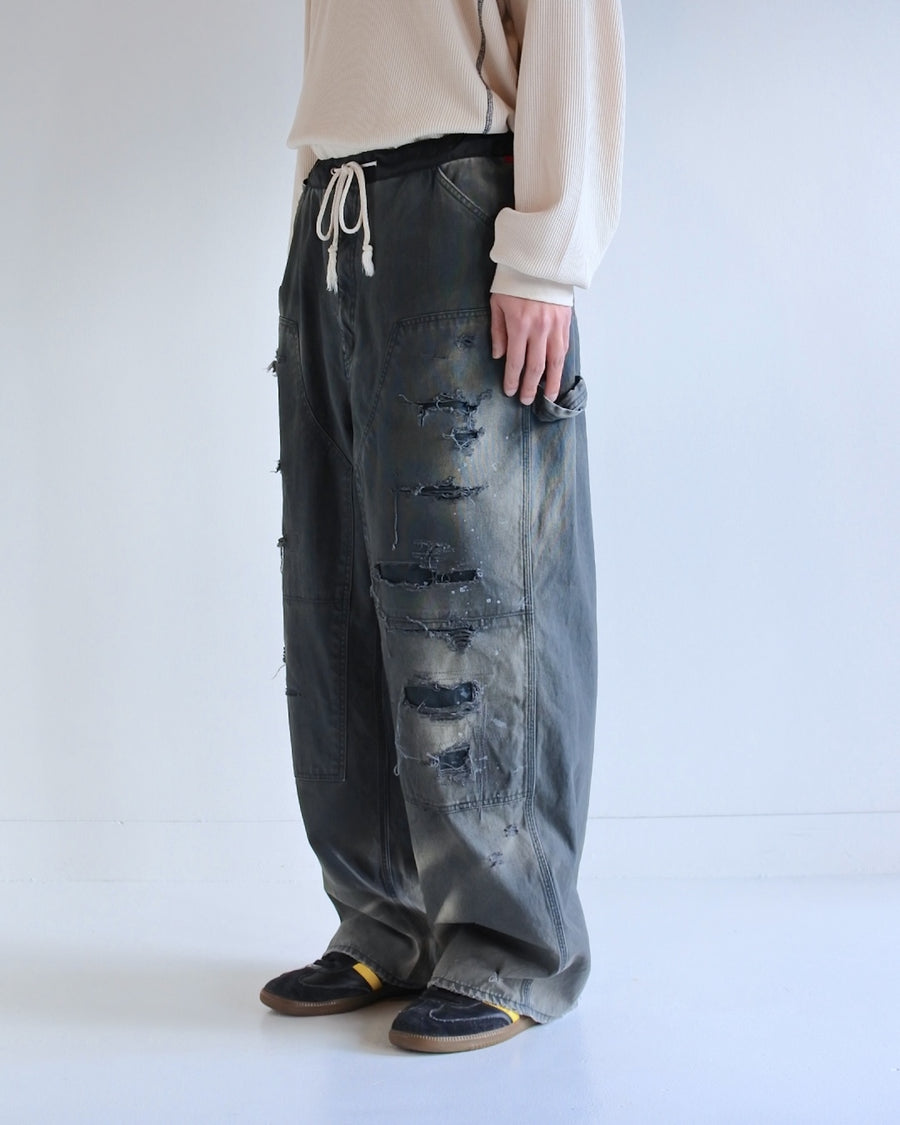 ANACHRONORM リメイク ダブルニー ダック ペインターパンツ ブラック | 11号帆布 ナイロンオックス切り替え 特殊エイジング サンフェード ダメージ加工 一点一点 日本製