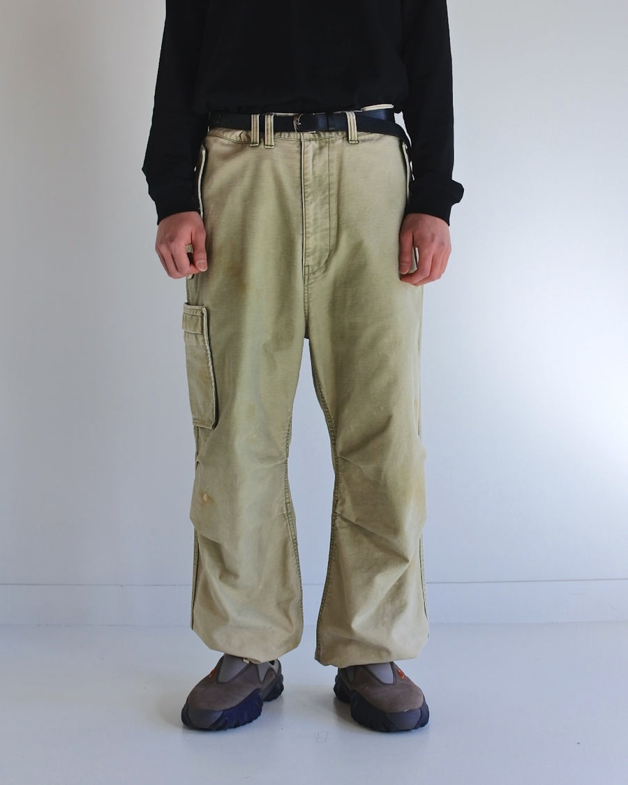 ANACHRONORM バックサテン エイジング ミリタリーフラップパンツ オリーブ | ムラ糸バックサテン 特殊エイジング加工 フラップポケット カーゴポケット ドローコード 日本製
