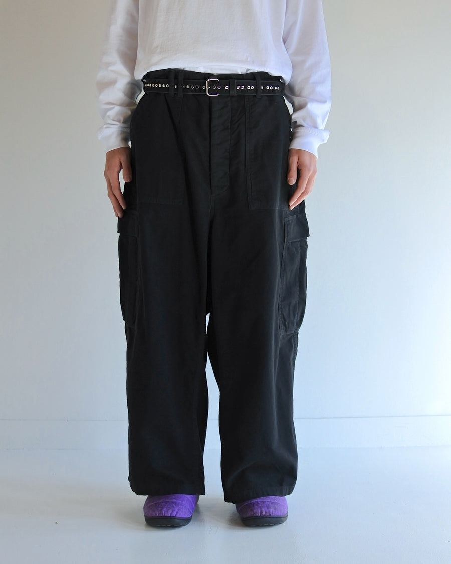 ANACHRONORM コットンスウェード ワイド ベイカー 6Pパンツ ブラック | セミスウェード 両面起毛 ストーンバイオウォッシュ カーゴポケット ワイドシルエット 日本製