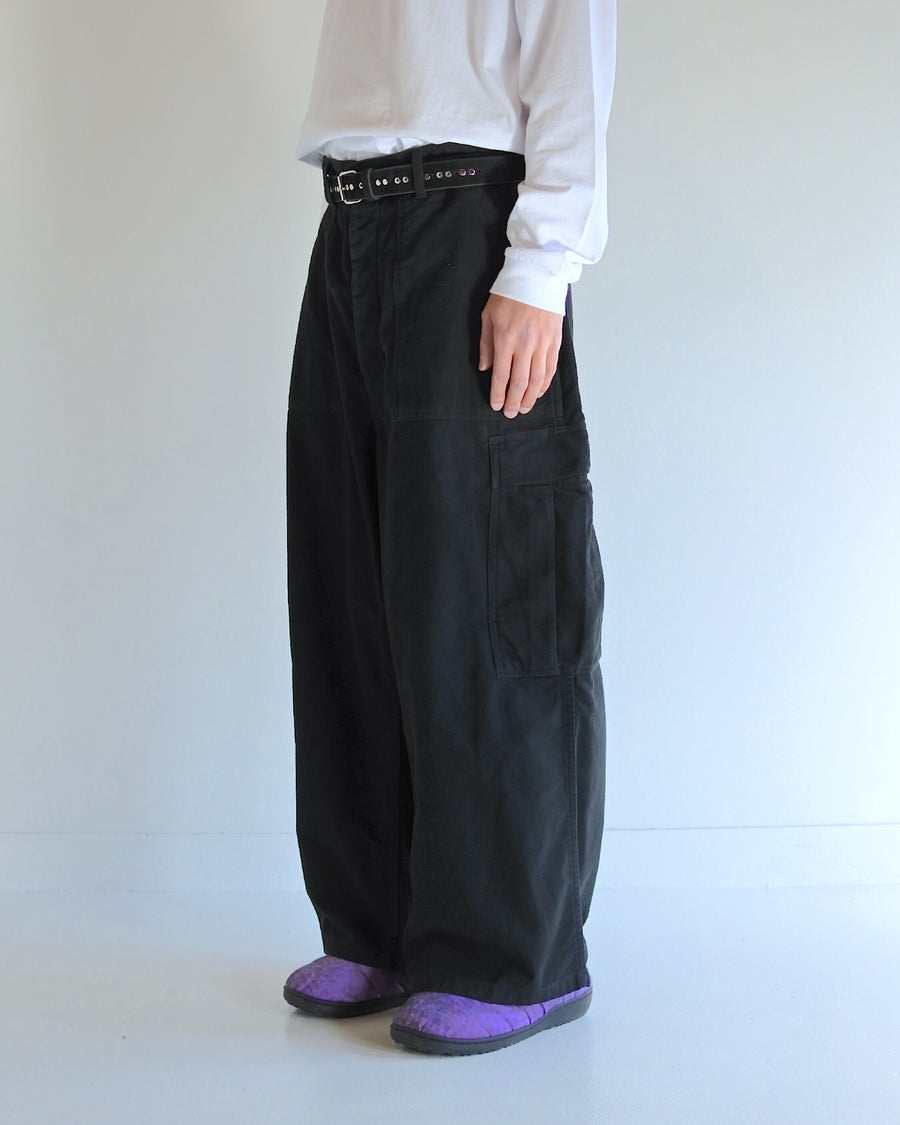 ANACHRONORM コットンスウェード ワイド ベイカー 6Pパンツ ブラック | セミスウェード 両面起毛 ストーンバイオウォッシュ カーゴポケット ワイドシルエット 日本製