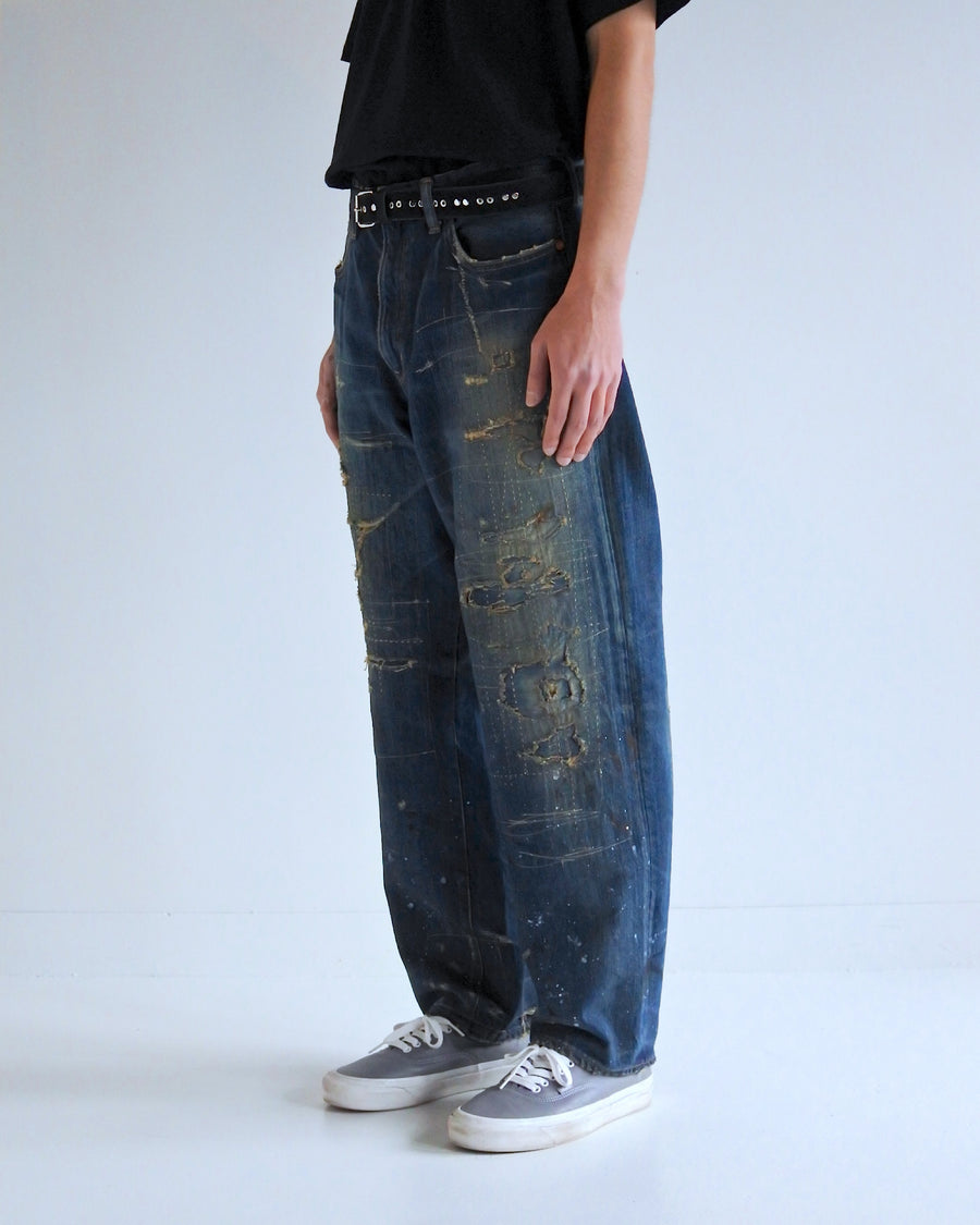 ANACHRONORM ハードリメイク レギュラーテーパード 5Pパンツ インディゴ | 12.5oz デニム ハードダメージ パッチワーク ブリーチ 一点一点 日本製