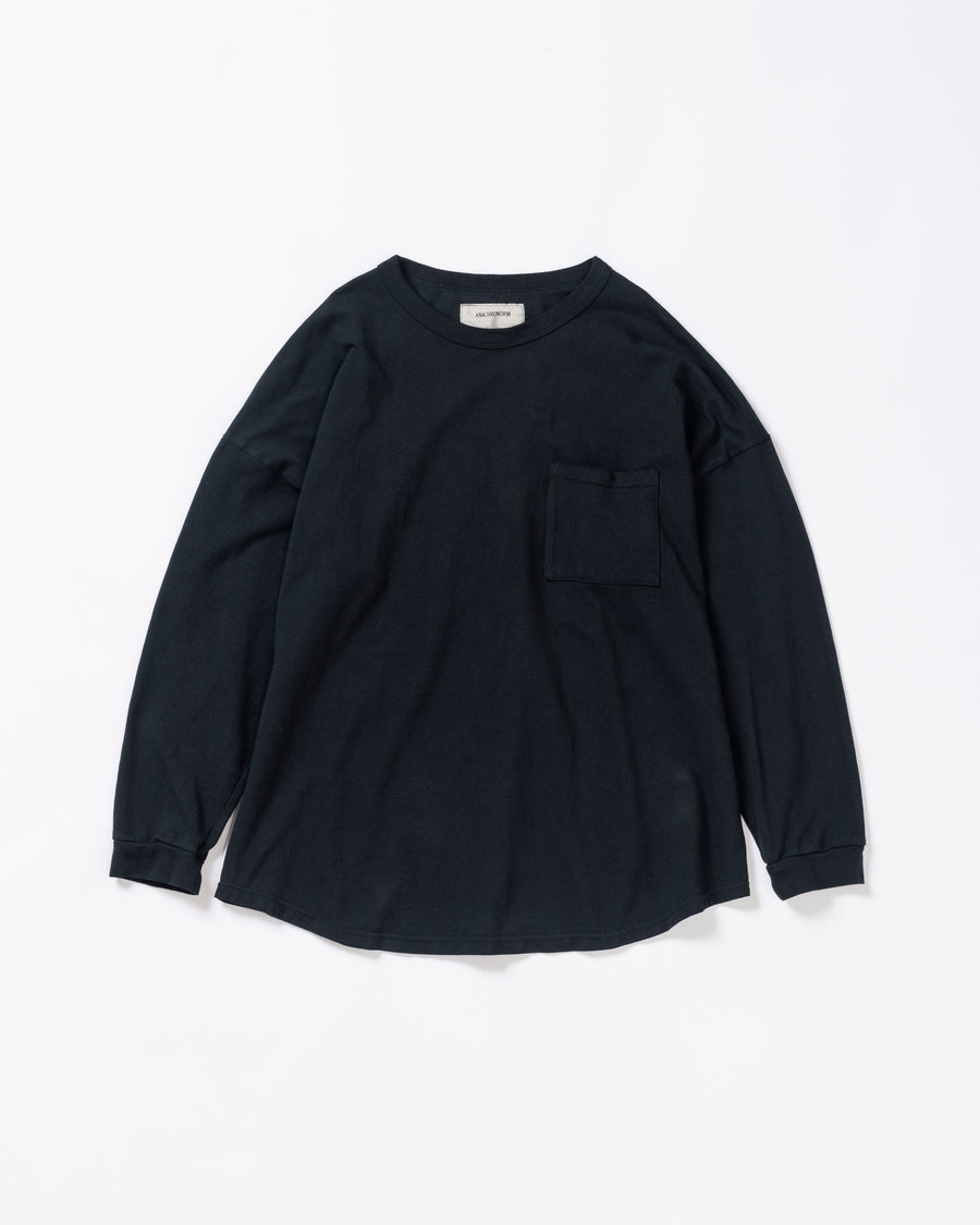 ANACHRONORM モスステッチ ポケット ロングスリーブTシャツ ブラック | 40/2カノコ 超長綿 硫化染め シルク光沢 ドレープ 日本製