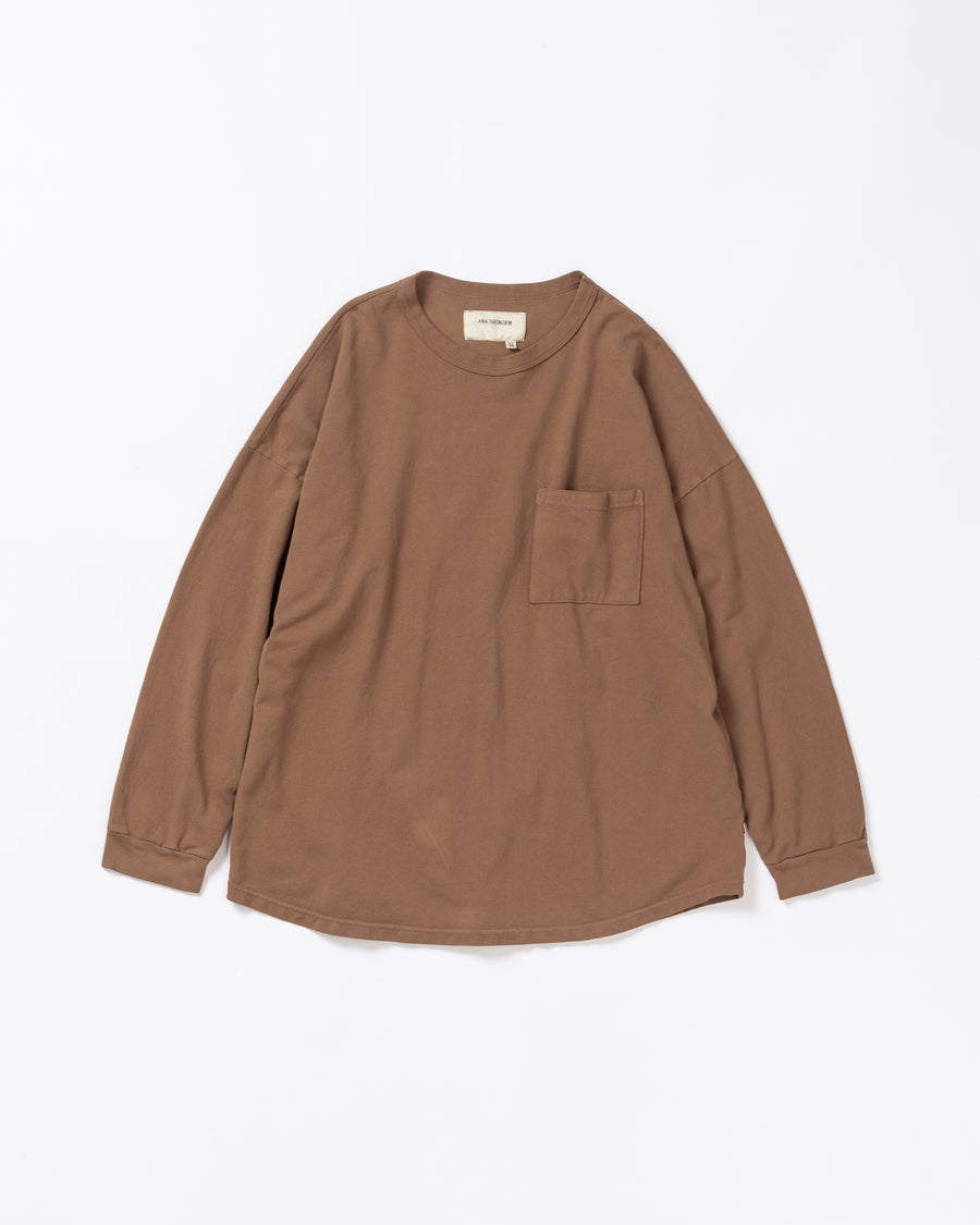 ANACHRONORM モスステッチ ポケット ロングスリーブTシャツ ブラウン | 40/2カノコ 超長綿 硫化染め シルク光沢 ドレープ 日本製