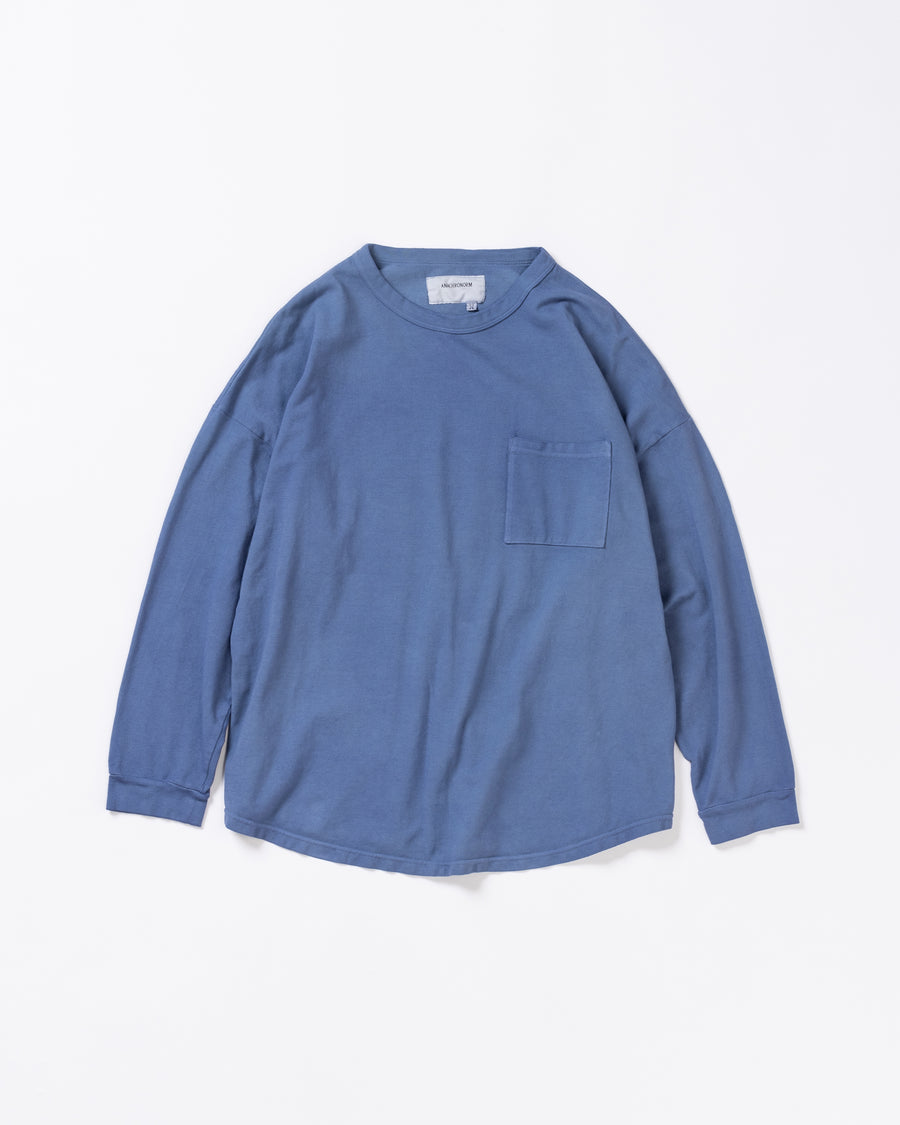 ANACHRONORM モスステッチ ポケット ロングスリーブTシャツ ブルーグレー | 40/2カノコ 超長綿 硫化染め シルク光沢 ドレープ 日本製