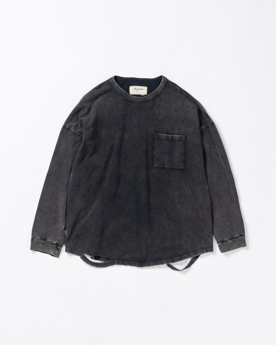 ANACHRONORM モスステッチ ダメージ ポケット ロングスリーブTシャツ ブラック | 40/2カノコ 超長綿 硫化染め サステナブルブリーチ ダメージ加工 一点一点 日本製