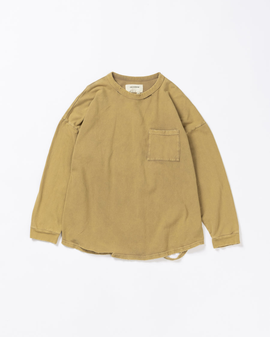 ANACHRONORM モスステッチ ダメージ ポケット ロングスリーブTシャツ ライトブラウン | 40/2カノコ 超長綿 硫化染め サステナブルブリーチ ダメージ加工 一点一点 日本製