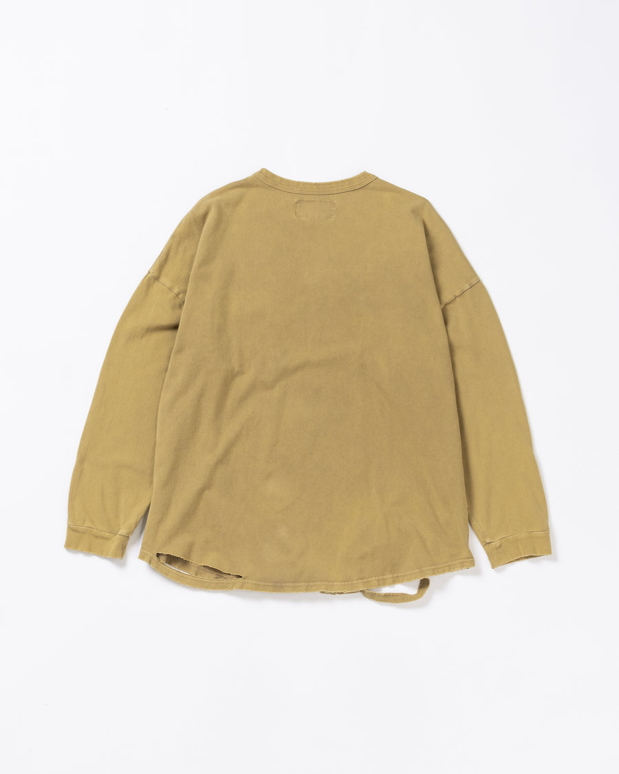 ANACHRONORM モスステッチ ダメージ ポケット ロングスリーブTシャツ ライトブラウン | 40/2カノコ 超長綿 硫化染め サステナブルブリーチ ダメージ加工 一点一点 日本製