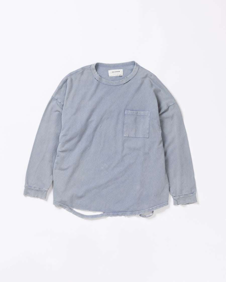 ANACHRONORM モスステッチ ダメージ ポケット ロングスリーブTシャツ ブルーグレー | 40/2カノコ 超長綿 硫化染め サステナブルブリーチ ダメージ加工 一点一点 日本製