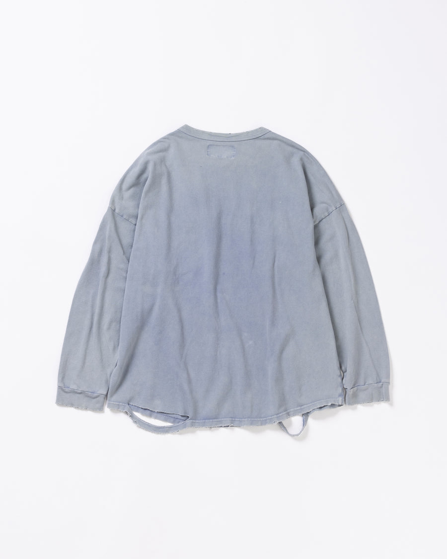 ANACHRONORM モスステッチ ダメージ ポケット ロングスリーブTシャツ ライトブルー | 40/2カノコ 超長綿 硫化染め サステナブルブリーチ ダメージ加工 一点一点 日本製