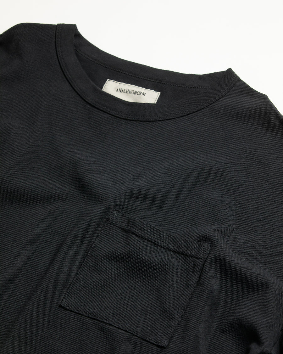 ANACHRONORM モスステッチ ポケット ロングスリーブTシャツ ブラック | 40/2カノコ 超長綿 硫化染め シルク光沢 ドレープ 日本製