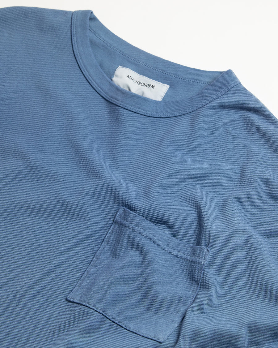 ANACHRONORM モスステッチ ポケット ロングスリーブTシャツ ブルーグレー | 40/2カノコ 超長綿 硫化染め シルク光沢 ドレープ 日本製