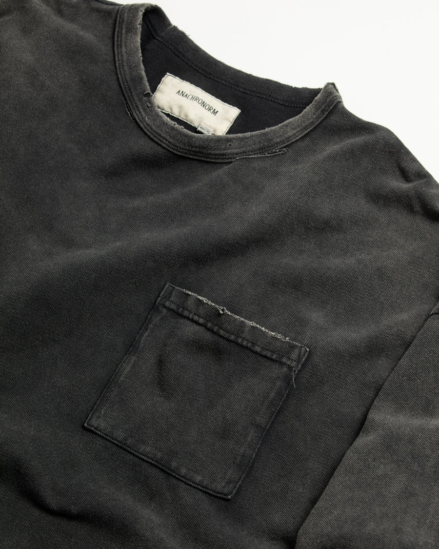 ANACHRONORM モスステッチ ダメージ ポケット ロングスリーブTシャツ ブラック | 40/2カノコ 超長綿 硫化染め サステナブルブリーチ ダメージ加工 一点一点 日本製