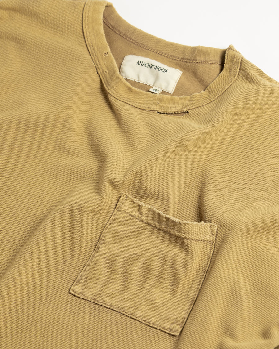 ANACHRONORM モスステッチ ダメージ ポケット ロングスリーブTシャツ ライトブラウン | 40/2カノコ 超長綿 硫化染め サステナブルブリーチ ダメージ加工 一点一点 日本製