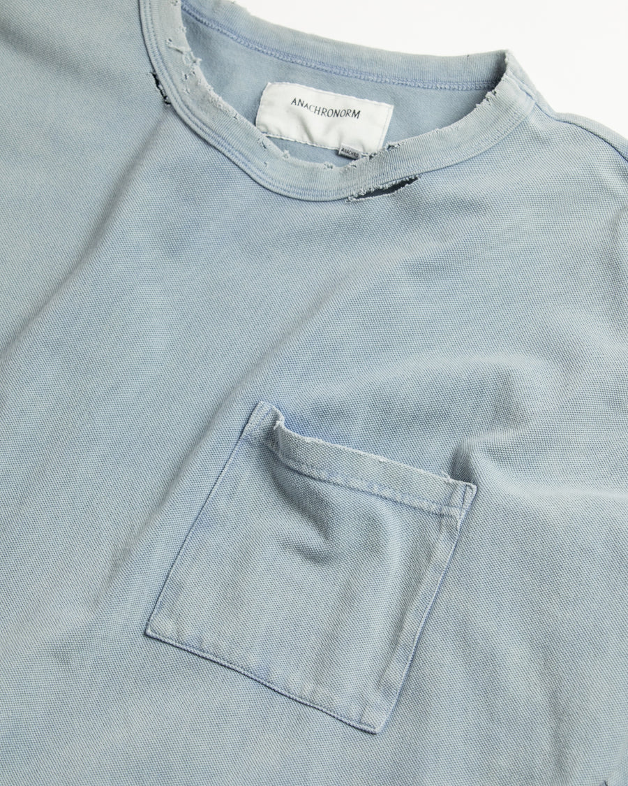 ANACHRONORM モスステッチ ダメージ ポケット ロングスリーブTシャツ ライトブルー | 40/2カノコ 超長綿 硫化染め サステナブルブリーチ ダメージ加工 一点一点 日本製
