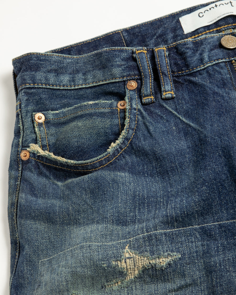 ANACHRONORM ハードリメイク レギュラーテーパード 5Pパンツ インディゴ | 12.5oz デニム ハードダメージ パッチワーク ブリーチ 一点一点 日本製