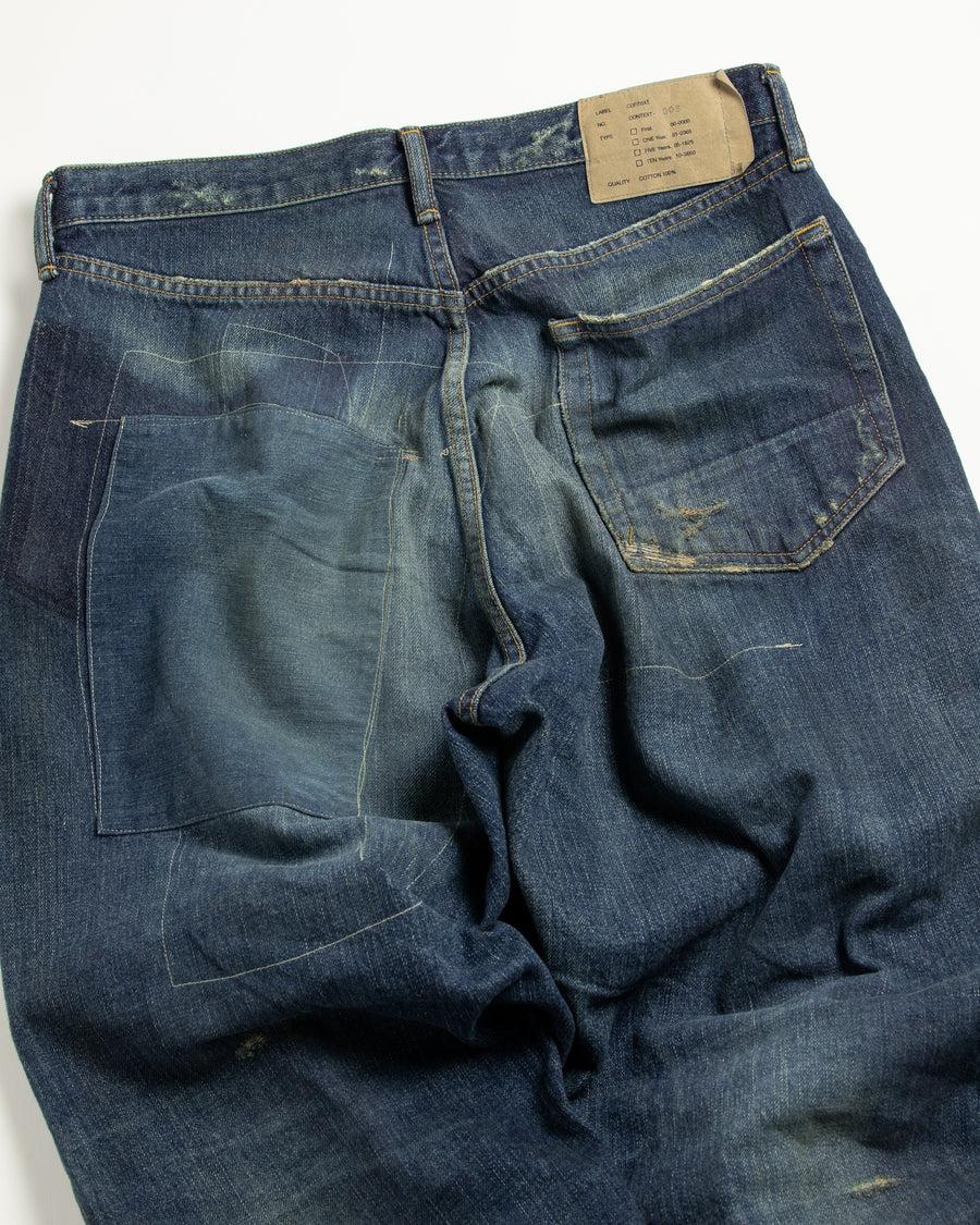 ANACHRONORM ハードリメイク レギュラーテーパード 5Pパンツ インディゴ | 12.5oz デニム ハードダメージ パッチワーク ブリーチ 一点一点 日本製