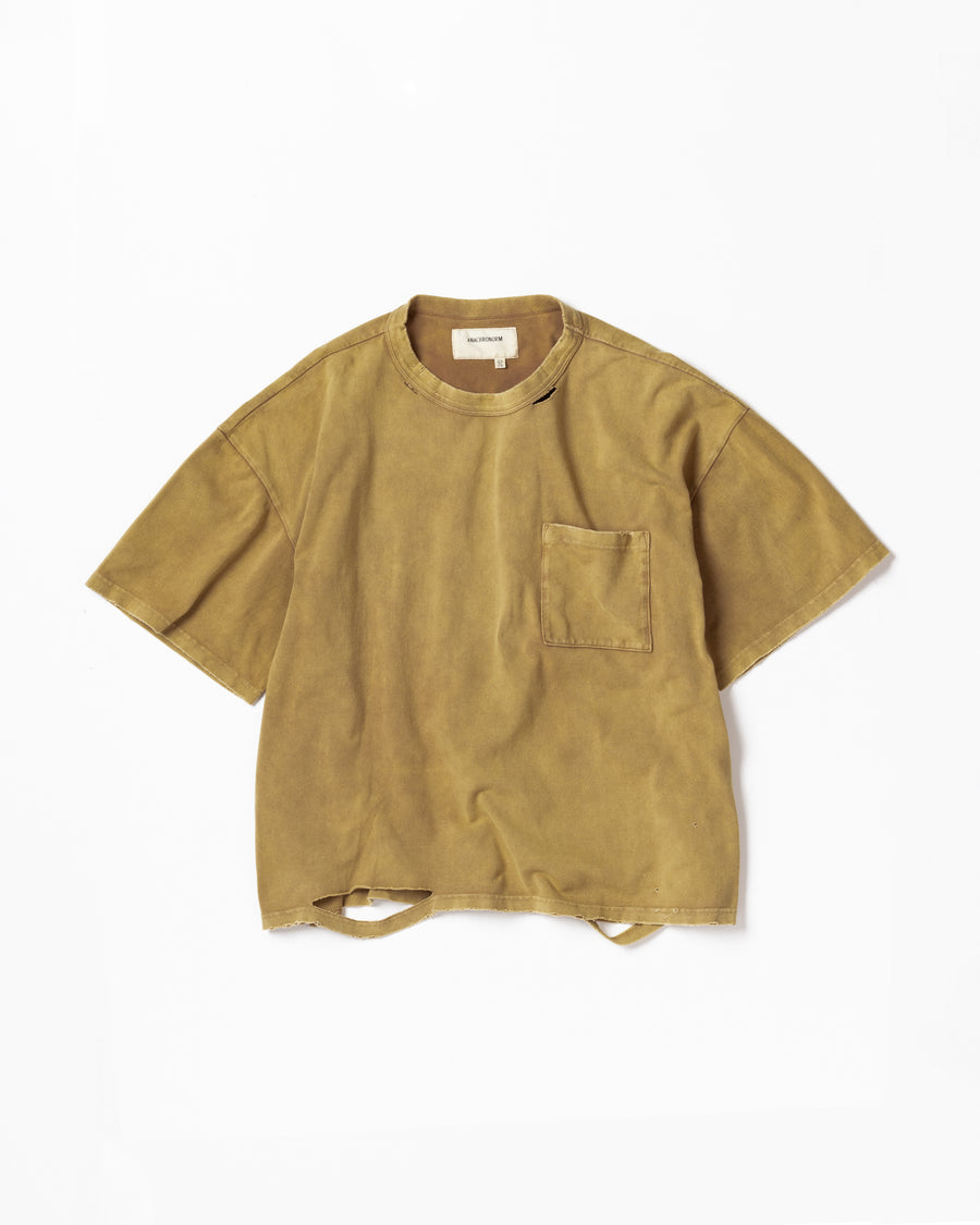 ANACHRONORM 鹿の子 ダメージポケット ショートスリーブTシャツ ライトブラウン | 40/2 カノコ 超長綿 インド産 硫化染め サステナブルブリーチ ダメージ加工 一点一点 日本製