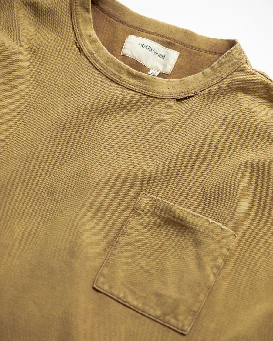 ANACHRONORM 鹿の子 ダメージポケット ショートスリーブTシャツ ライトブラウン | 40/2 カノコ 超長綿 インド産 硫化染め サステナブルブリーチ ダメージ加工 一点一点 日本製