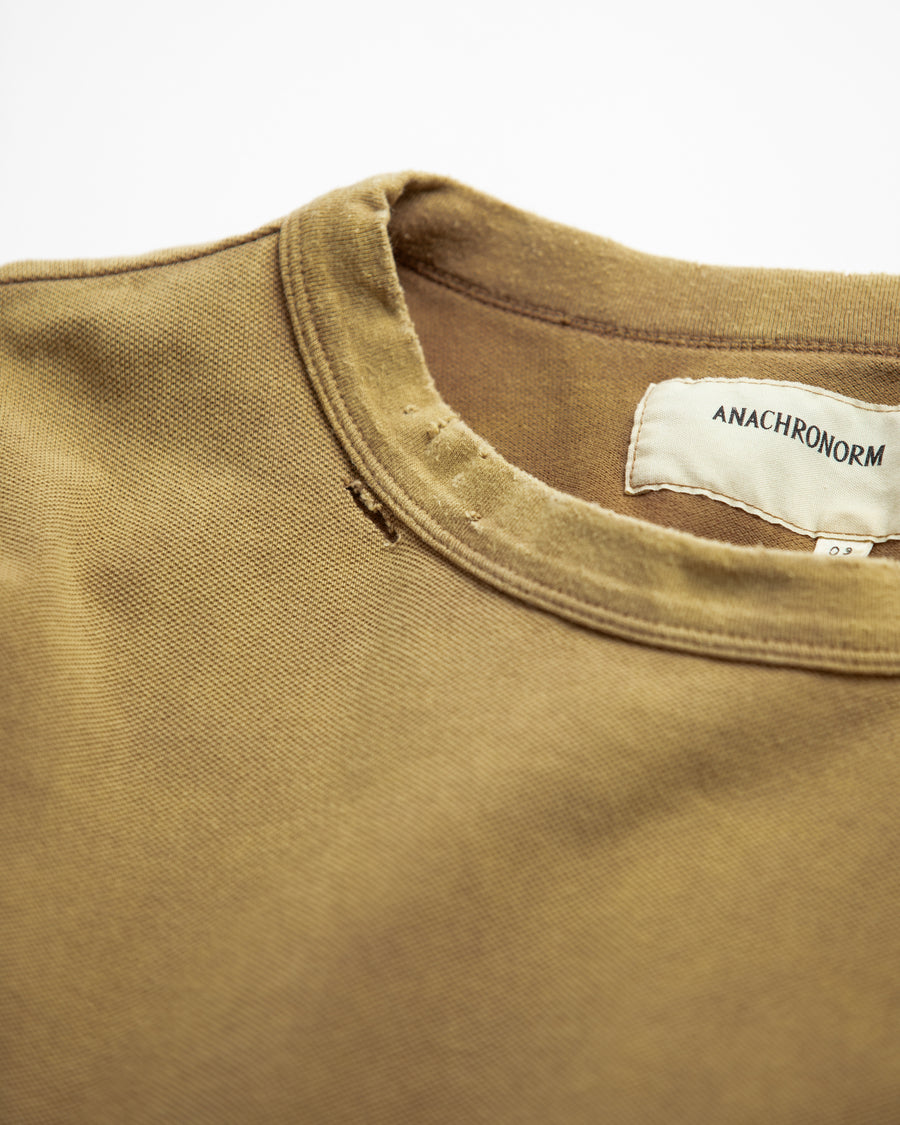ANACHRONORM 鹿の子 ダメージポケット ショートスリーブTシャツ ライトブラウン | 40/2 カノコ 超長綿 インド産 硫化染め サステナブルブリーチ ダメージ加工 一点一点 日本製