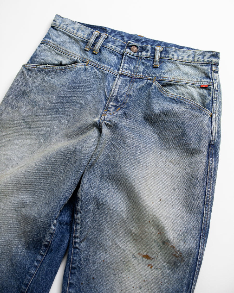 ANACHRONORM フロントヨーク ウォッシュ デニムパンツ インディゴ エイジング | 14oz ハチマルデニム ワイドテーパード フロント切り替え エイジング加工 日本製