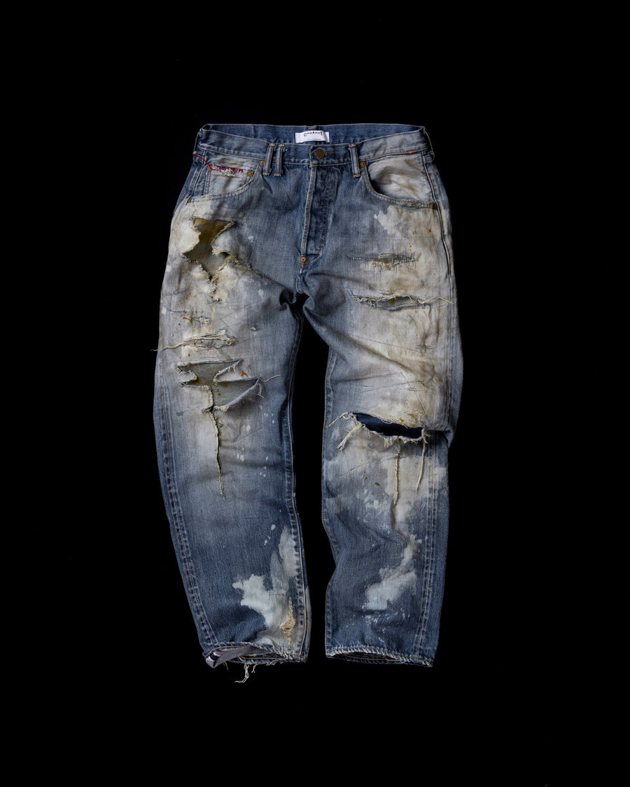 ANACHRONORM ハードリメイク レギュラーテーパード 5Pパンツ インディゴ | 12.5oz セルビッチデニム ハードダメージ パッチワーク ブリーチ 一点一点 日本製