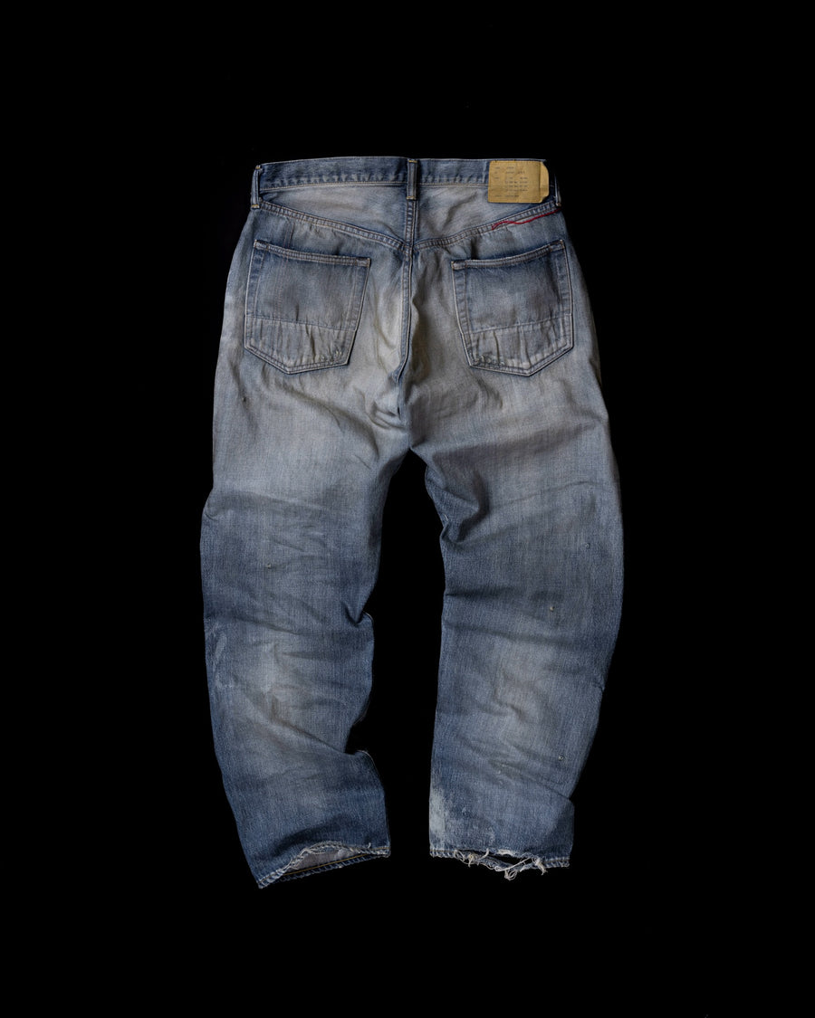 ANACHRONORM ハードリメイク レギュラーテーパード 5Pパンツ インディゴ | 12.5oz セルビッチデニム ハードダメージ パッチワーク ブリーチ 一点一点 日本製