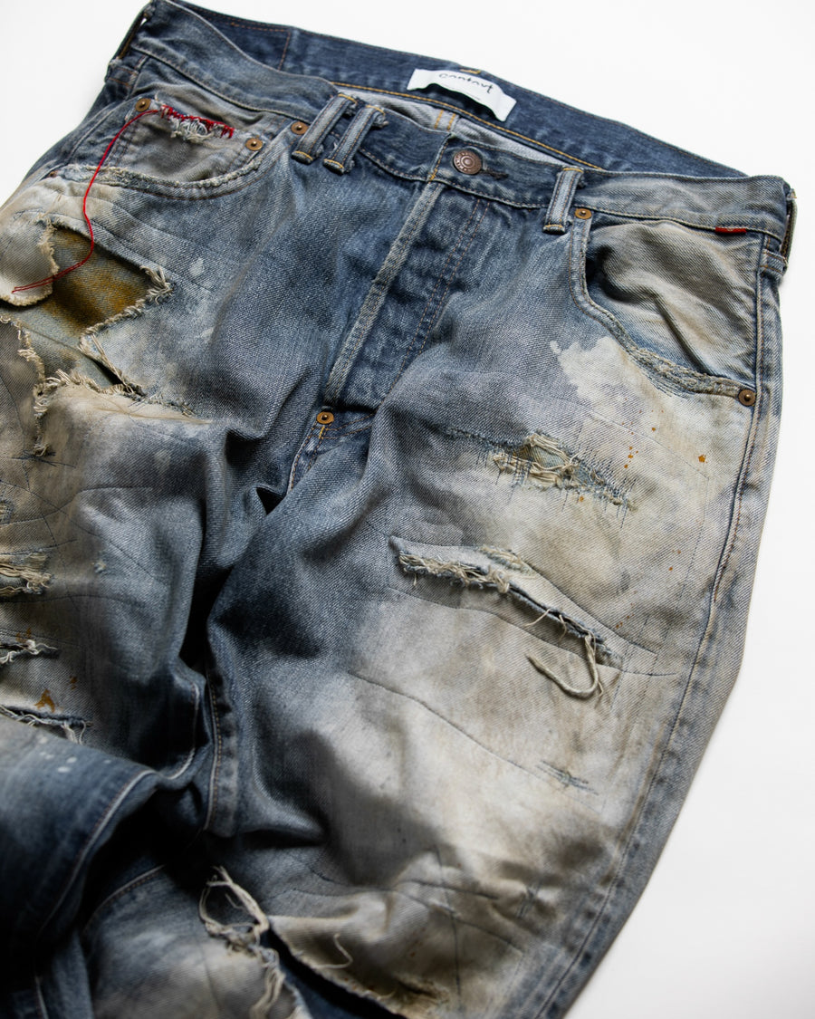 ANACHRONORM ハードリメイク レギュラーテーパード 5Pパンツ インディゴ | 12.5oz セルビッチデニム ハードダメージ パッチワーク ブリーチ 一点一点 日本製