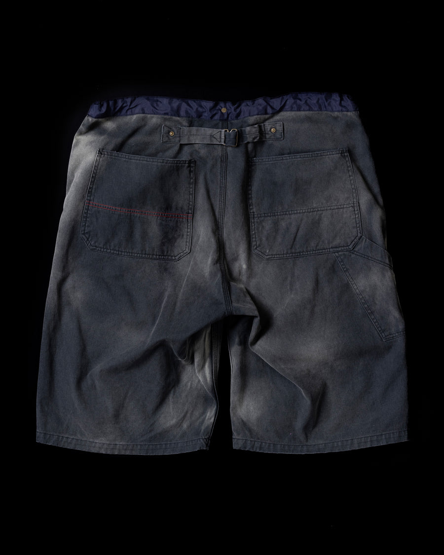 ANACHRONORM ダブルニー ダメージ ペインター ショートパンツ ブラック | 11号帆布 ナイロンオックス切り替え 特殊脱色加工 ハードダメージ 一点一点 日本製