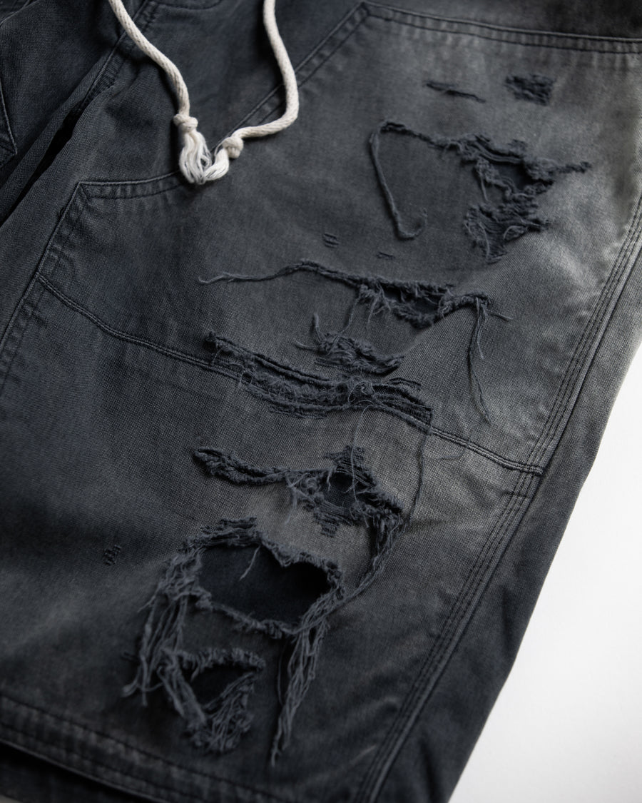 ANACHRONORM ダブルニー ダメージ ペインター ショートパンツ ブラック | 11号帆布 ナイロンオックス切り替え 特殊脱色加工 ハードダメージ 一点一点 日本製