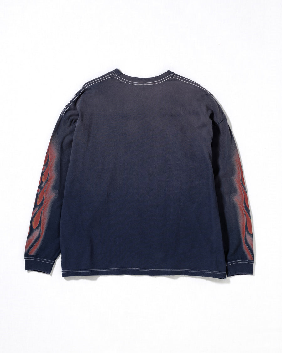 ANACHRONORM フレームスリーブ グラフィック ロングスリーブTシャツ ダスティネイビー | 5.6ozコーマ天竺 アメリカンカルチャーモチーフ 特殊染色 変色加工 一点一点